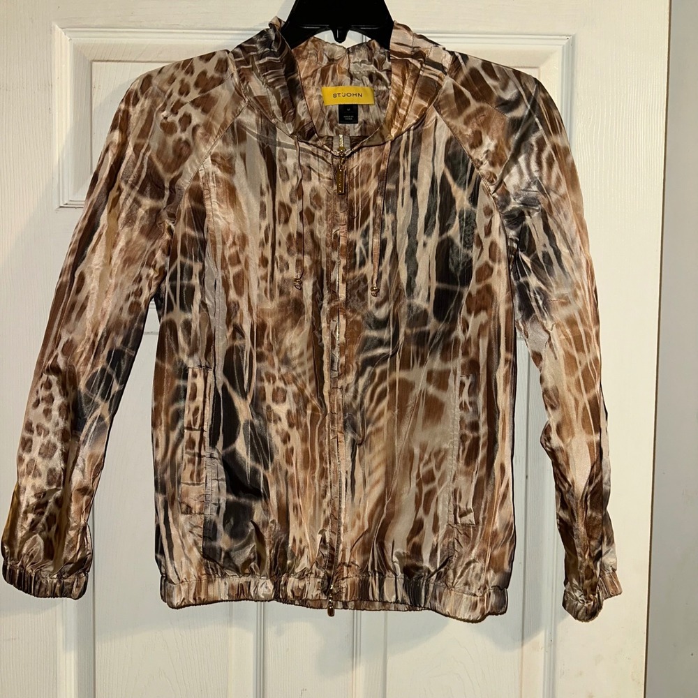 ST‎ JOHN Women's Size M Lightweight Zip Up Hooded Jacket Animal Print